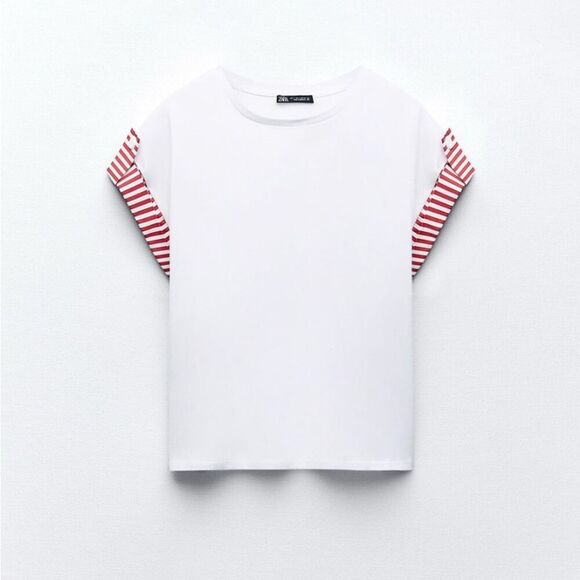ZARA White/ Red Poplin T-shirt size small - Picture 3 of 4